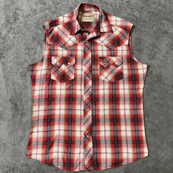 Wrangler Retro Sleeveless Red Plaid Pearl Snap Button Shirt L Rodeo Cowgirl Top - Picture 1 of 6